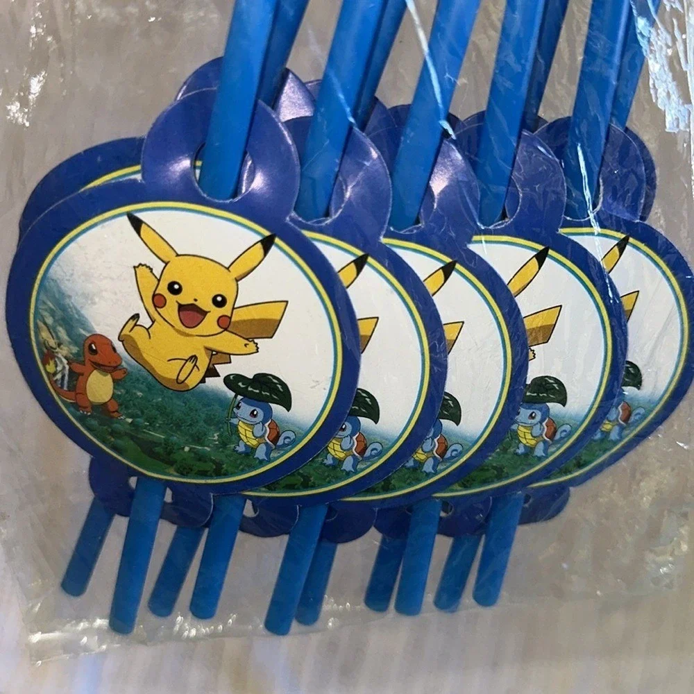 Pokemon Pikachu Charmander Squirtle Blue Flexible Drinking Straws 6 Pack New